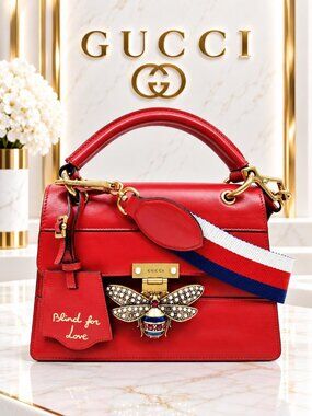 Authentic Gucci Queen Margaret Red Leather Bee Top Handle Shoulder Bag